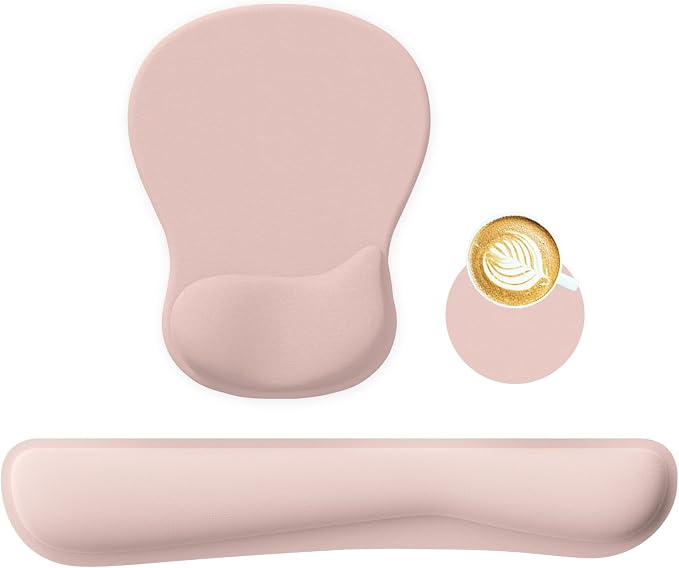 RICHEN Wrist Rest Support for Mouse Pad&Keyboard Set with Coaster,Concave Curved Memory Foam, Non-Slip Base Pain Relief Comfortable Easy Typing Pad for Home/Office (Lycra Pink)