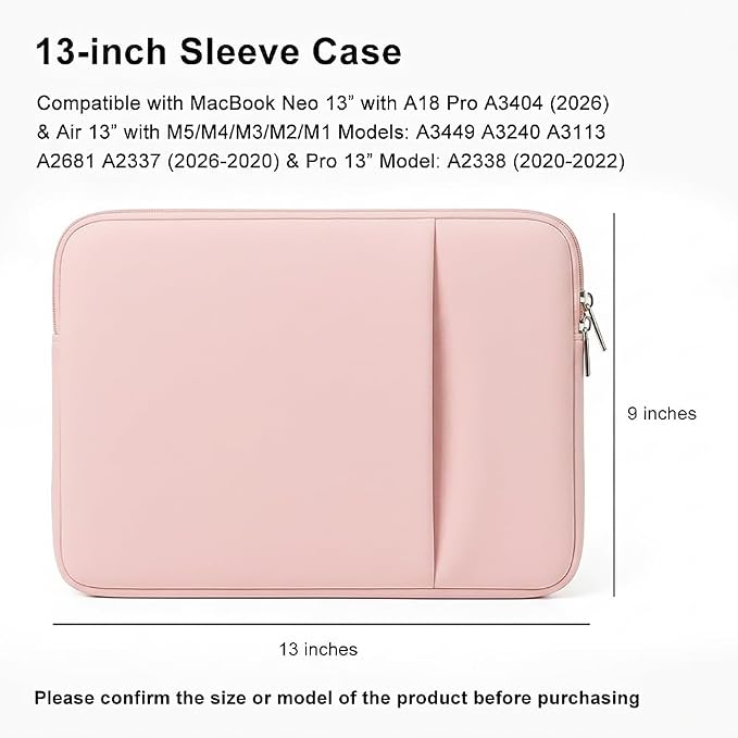 Laptop Sleeve Case for MacBook Neo/Air/Pro 13 inches A18/M5/M4/M3/M2/M1 Chip 2026-2020 A3404 A3449 with 2 Pockets Tablet Bag Case Accessories (Blush Pink)