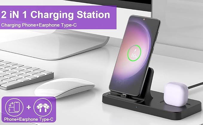 2 in 1 Charging Station for Multiple Devices, Charger Dock for iPhone 17/16/15 Series with Type-C Interface and Samsung Galaxy S25 Ultra/S25/S24+/Note20/A55/A35/Z Fold/Z Flip and Earbuds, Pink