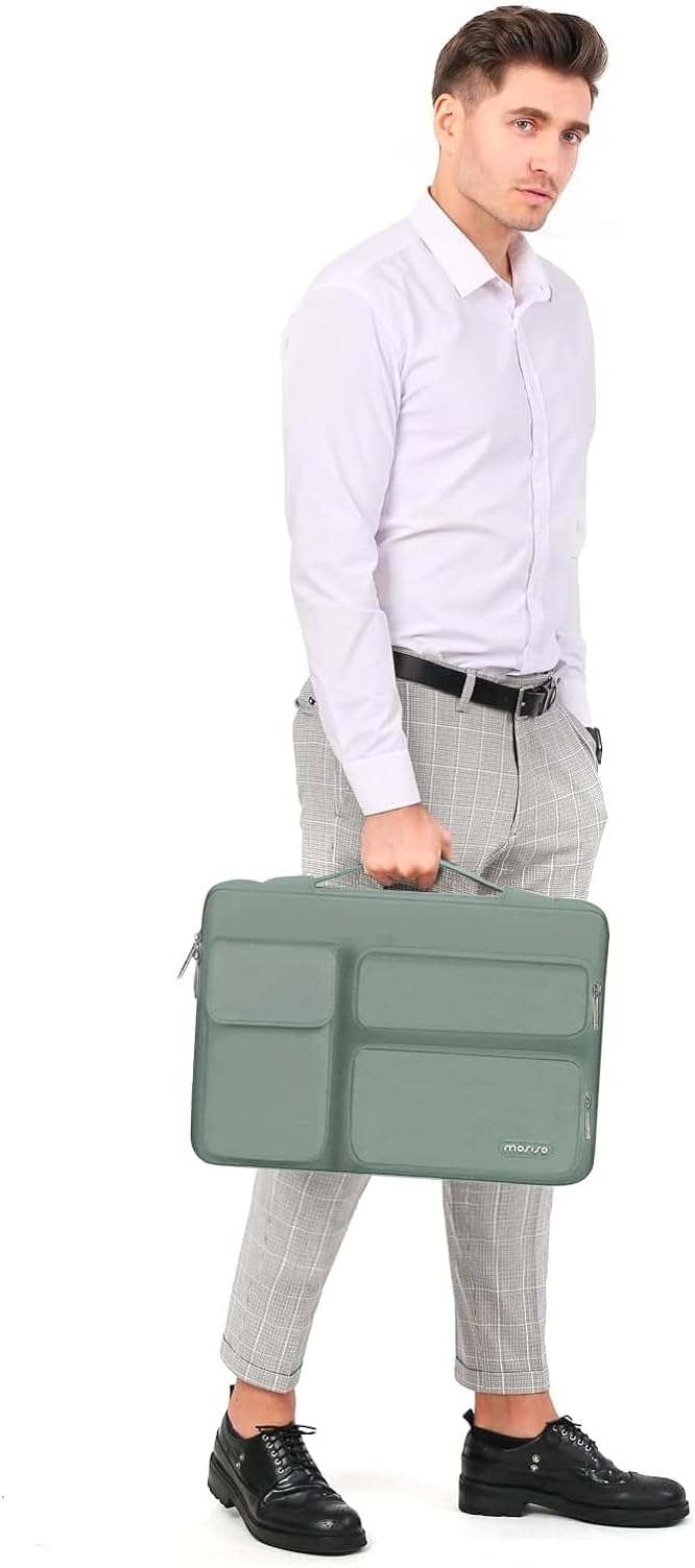 MOSISO 360 Protective Laptop Case 14 inch, Laptop Sleeve Compatible with HP Lenovo Dell ASUS Acer, HP Stream,Dell Latitude, Lenovo IdeaPad, Side Open Bag with 2 Raised&1 Flapover Pockets,Antique Green