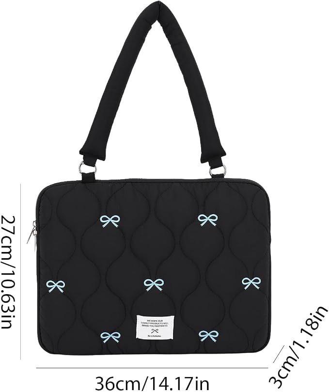 Cute Bow Laptop Case Coquette 13-15 Inch Puffy Laptop Sleeve Accessories Aesthetic Quilted Computer Bag for MacBook (Black 1, 13-14inch)