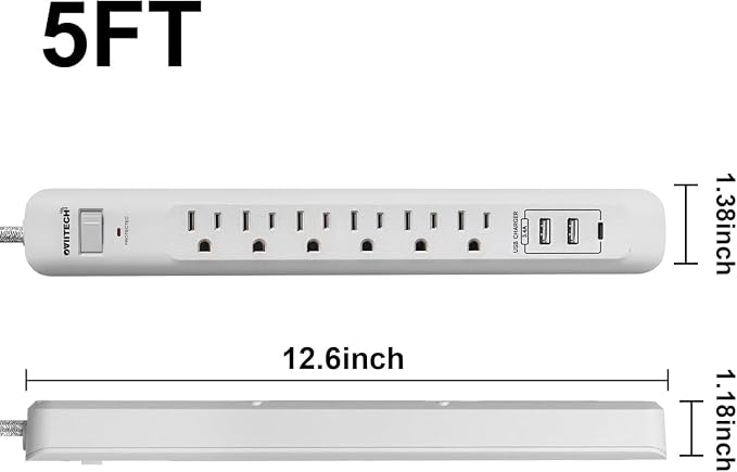 2 Pack Power Strip Surge Protector - 6 Outlets 3 USB Charging Ports (1 USB C), 5Ft Extension Cord, Flat Plug, Overload Protection, Wall Mount for Office Home, Dorm Room White