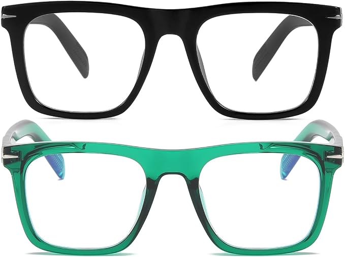 Trendy Square Blue Light Blocking Glasses for Men Women, Fashion Frame Non-prescription Computer Glasses (Black+Green)