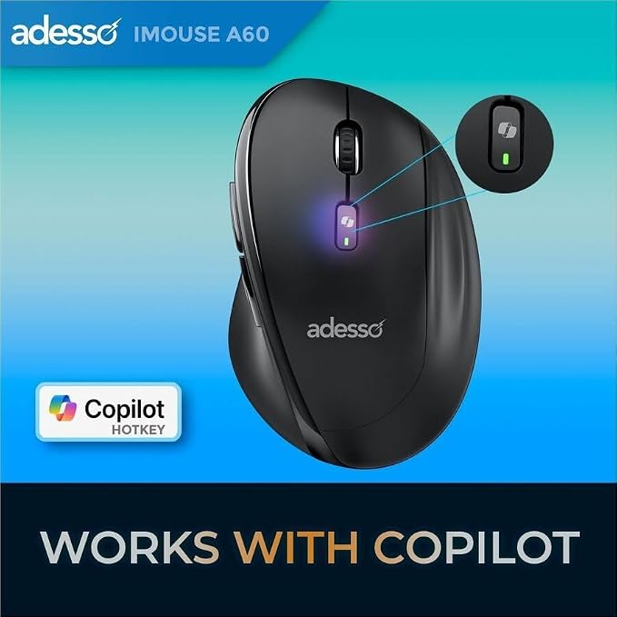 Adesso iMouse A60 Ergonomic Wireless Vertical Mouse, Bluetooth and 2.4GHz Dual Mode with USB-A Receiver, Copilot AI Hotkey, 3 Level DPI (1000/1600/2400), 6 Buttons, Right Hand for Windows