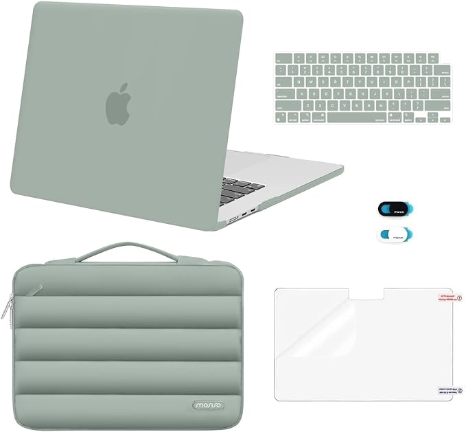 MOSISO Compatible with MacBook Air 15 inch Case M5 2026 M4 2025 M3 2024 M2 2023 A3448 A3241 A3114 A2941, Plastic Hard Shell Case&Puffy Sleeve Bag&Keyboard Skin&Webcam Cover&Screen Film, Antique Green