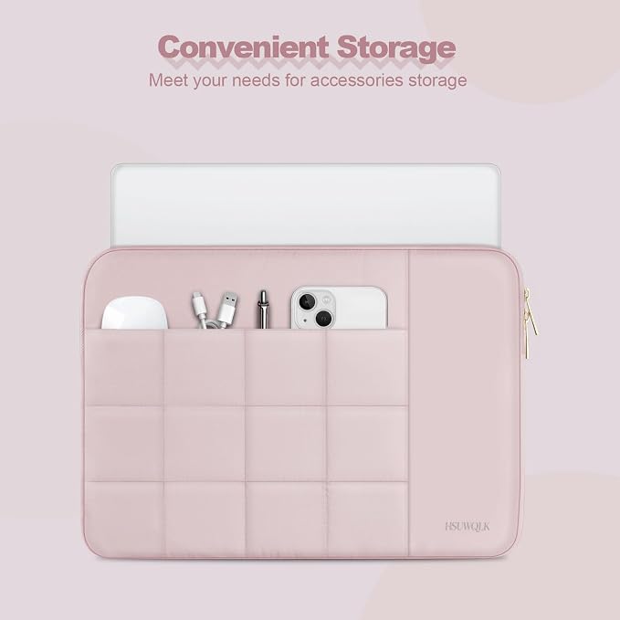 Laptop Case 13.3 inch,13-13.3 inch Puffy Laptop Sleeve Compatible with MacBook Neo/Air 13 13.6/Pro 13/Pro 14,HP Dell ASUS Acer Lenovo,Twelve Square Quilted Computer Bag with 2 Pockets,Pink