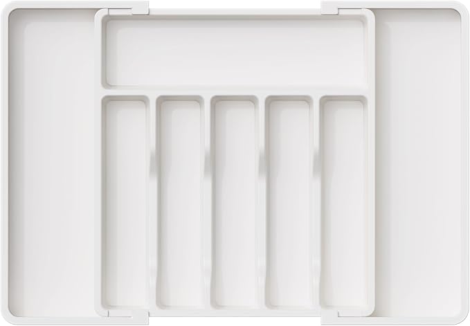 Lifewit Silverware Drawer Organizer, Expandable Utensil Tray for Kitchen, BPA Free Flatware and Cutlery Holder, Adjustable Plastic Storage for Spoons Forks Knives, 13-22 x 15", White
