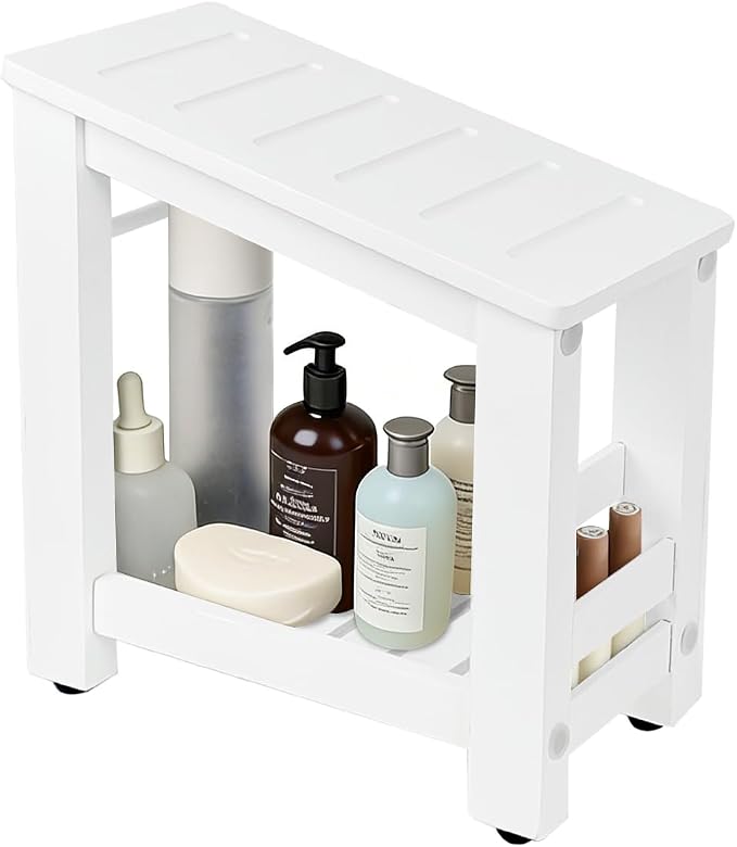 Bamboo Shower Foot Rest Stool for Shaving Legs & Pedicure, Non-Slip Bathroom Foot Step with Storage Pocket, Solid & Water-Resistant,Natural (White)