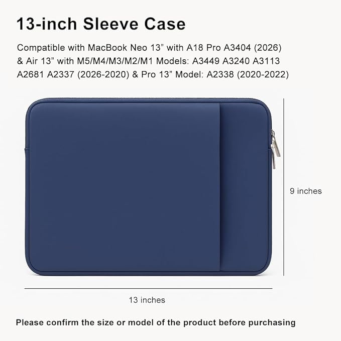 Laptop Sleeve for MacBook Neo/Air/Pro 13 inches A18/M5/M4/M3/M2/M1 Chip 2026-2020 A3404 A3449 A3240 A3113 with 2 Pockets Tablet Bag Case Accessories (Indigo)