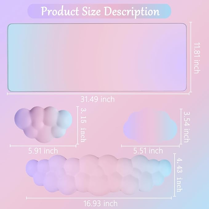 Cloud Mouse Pad Keyboard Wrist Rest 4PCS Extended Large Pink Sky Desk Mat Pad Set Memory Foam Non-Slip Cute Ergonomic Gaming Mouse Pad Wrist Support for Computer Laptop Home Office Pink Purple
