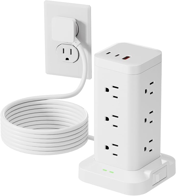 Power Strip Tower with Surge Protector 1800J, Fast Charging Tower PD20W USB-C Ports with 12 AC Outlets, 6ft Extension Cord for Home Office Dorm Room, White