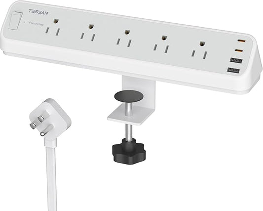 TESSAN Desk Clamp Power Strip 6 Ft, 2100J Surge Protector Desk Charging Station, 5 Outlets with 4 USB Ports (2 USB C), Flat Plug Extension Cord with Multiple Outlets for Home Office Dorm Room, Grey