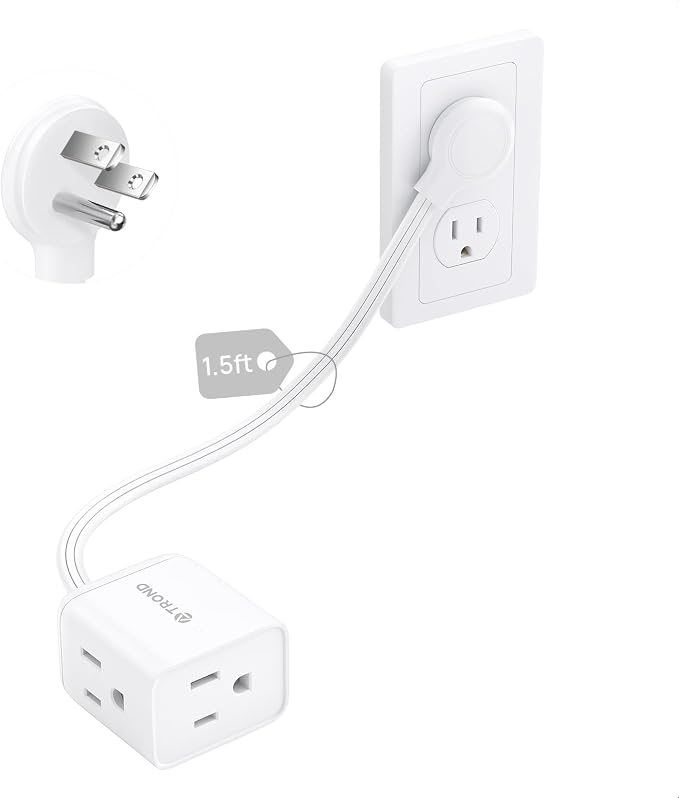 TROND Short Flat Extension Cord 1.5ft - Left Angled Flat Plug Power Strip, ETL Listed, 3 Plug Extension Outlets, Three Prong, SPT 16/3 Gauge, 13A, Small for Indoor Home Office Cruise Travel, White