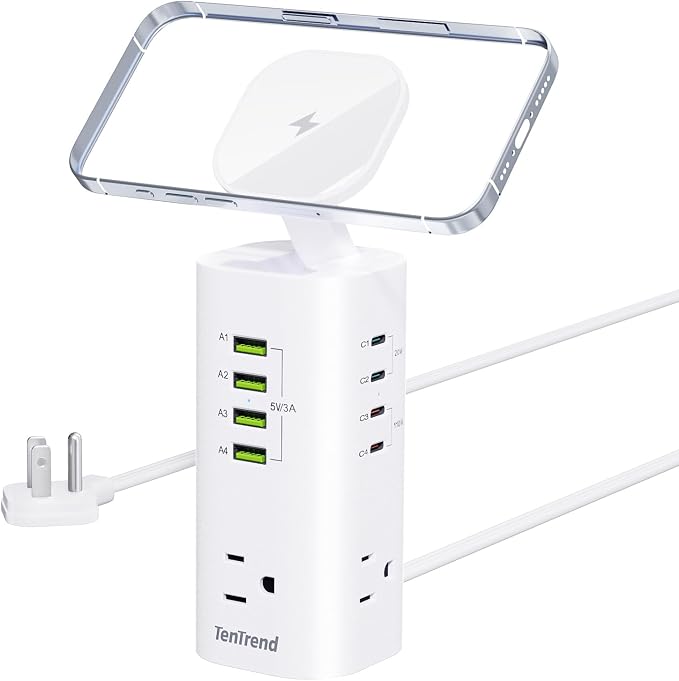 TenTrend 160W Fast Charging Tower Power Strip, Surge Protector with 3 AC Outlets & 8 USB Ports (4 USB-C), 5FT Flat Plug Extension Cord for Home, Office, Dorm Room