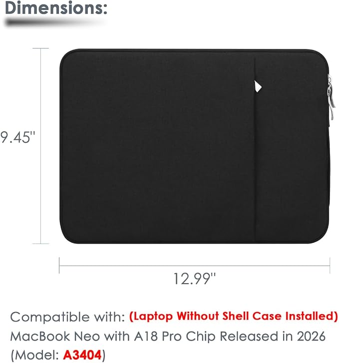 Laptop Sleeve Case for MacBook Neo 13'' with A18 Pro Chip Released in 2026 (Model:A3404) Protective with Handle Travelling Carrying Canvas Bag Accessories for Students Home Office (Black)