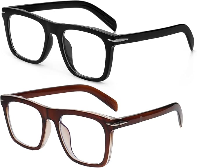 Trendy Square Blue Light Blocking Glasses for Men Women, Fashion Frame Non-prescription Computer Glasses (Black+Brown)