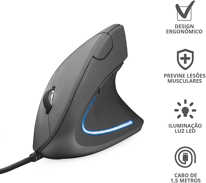 Trust Verto Wired Ergonomic Mouse, Vertical Mouse with LED Illumination, 1000-1600 DPI, 6 Buttons, for Right Hand Users, Computer Mouse for PC and Laptop - Black