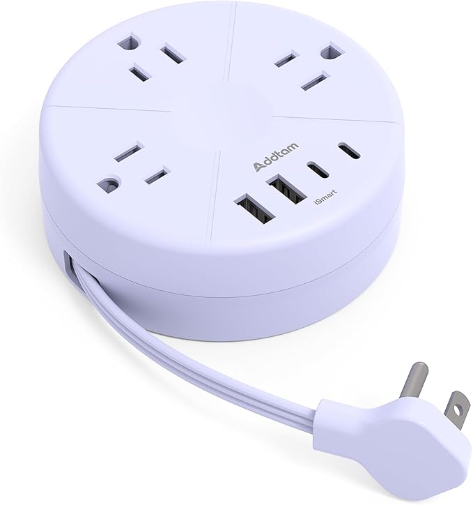 Addtam Travel Essentials Power Strip with USB C, Purple Cruise Approved Power Strip, 3 Outlets 4 USB Ports, 5ft Retractable Extension Cord for Travel, Dorm Room, Hotel, Cruise Ship Accessories