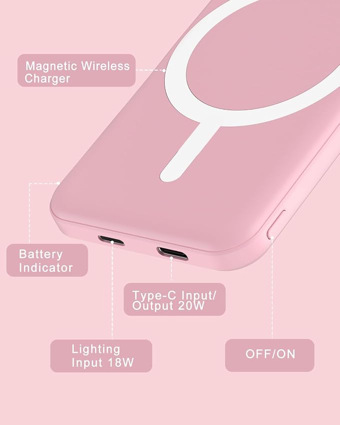 podoru for Magsafe Battery Pack, 5000mAh Magnetic Power Bank with Type-C Cable 20W PD Fast Charging Lighting Input Wireless Portable Charger for iPhone 17/16/15/14/13/12/ All Series-Pink