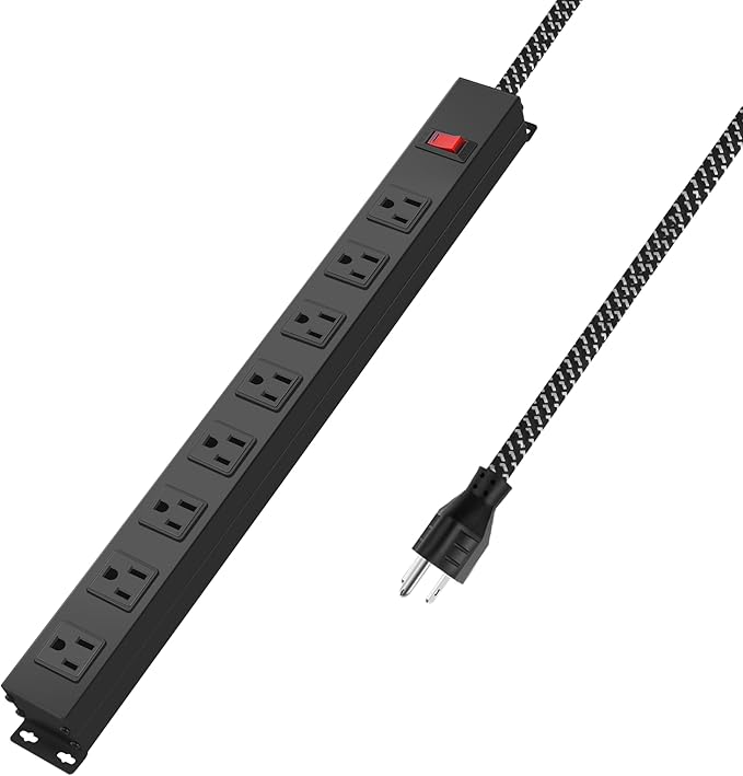 8 Outlet Power Strip - Metal Power Strip with Switch,Wide Spaced Moutable Surge Protector 1200J,3ft 14Awg Braided Cord,Home Office Industrial Garage Commercial