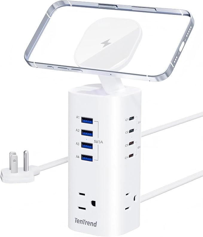 TenTrend Power Strip Tower Surge Protector, 115W Fast Charging Station with 3AC Outlets & 8 USB Ports (4 USB-C), 5FT Extension Cord Flat Plug for Home, Office, Dorm Room