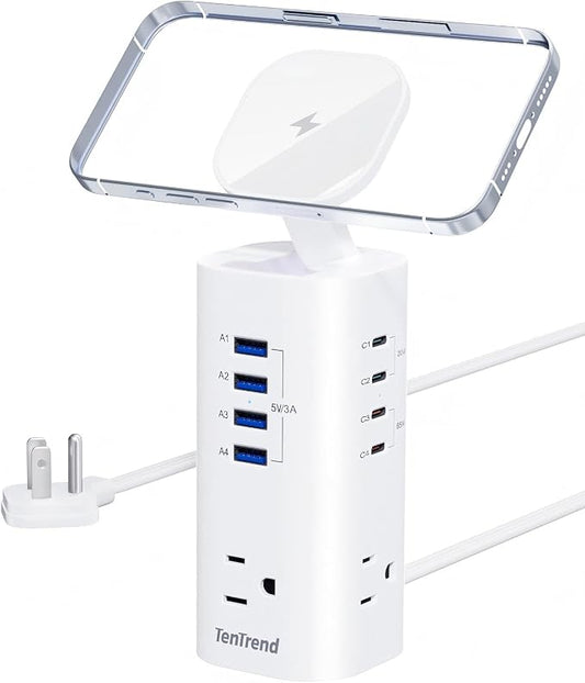 TenTrend Power Strip Tower Surge Protector, 115W Fast Charging Station with 3AC Outlets & 8 USB Ports (4 USB-C), 5FT Extension Cord Flat Plug for Home, Office, Dorm Room