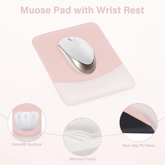 MOSISO Wrist Rest Support for Mouse Pad&Keyboard Set, Rectangular Ergonomic Mousepad Non-Slip Base Home/Office Pain Relief&Easy Typing Pad with Neoprene Cloth&Raised Silicone Lining, Baby Pink