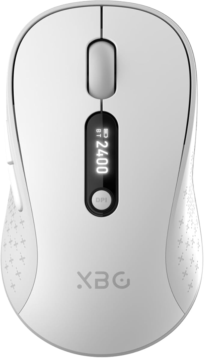 XBG B15pro Wireless Bluetooth Mouse, Bluetooth 5.0/4.0 & 2.4G Tri-Mode, Type-C Rechargeable with LED Screen Display, Ergonomic Silent Click for Laptop/PC/Tablet, Multi-Device & Office Use-White