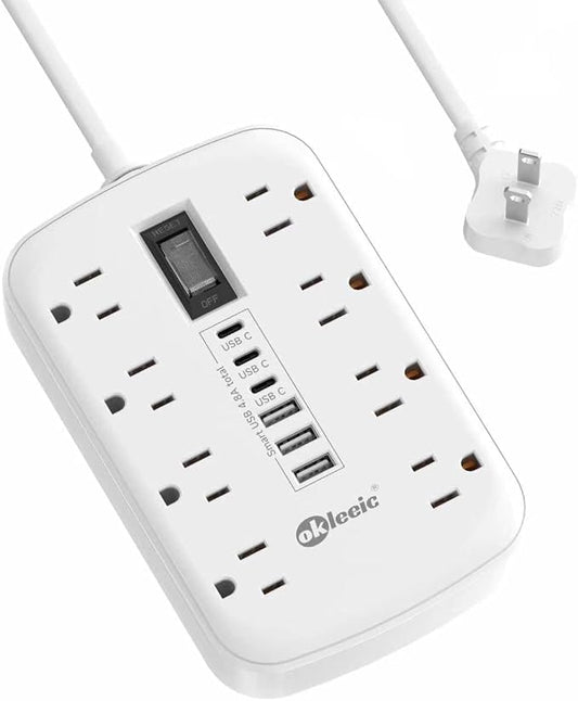 2 Prong Power Strip, 3 to 2 Prong Outlet Adapter, 1700J 2 Prong Surge Protector 5ft Extension Cord with Thin Flat Polarized Plug, 8 AC & 6 USB, Wall Mount for Non-Grounded Outlet, Ideal for Old House
