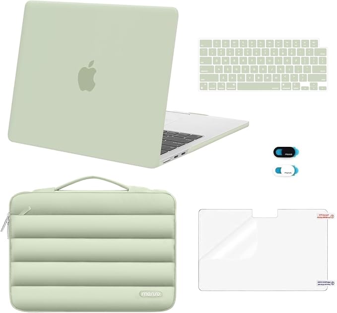MOSISO Compatible with MacBook Air 13 inch Case M5 2026 M4 2025 M3 M2 2024-2022 A3449 A3240 A3113 A2681, Hard Case&Puffy Bag&Keyboard Cover&Webcam Cover&ScreenFilm for MacBook Air 13.6, Sage Green
