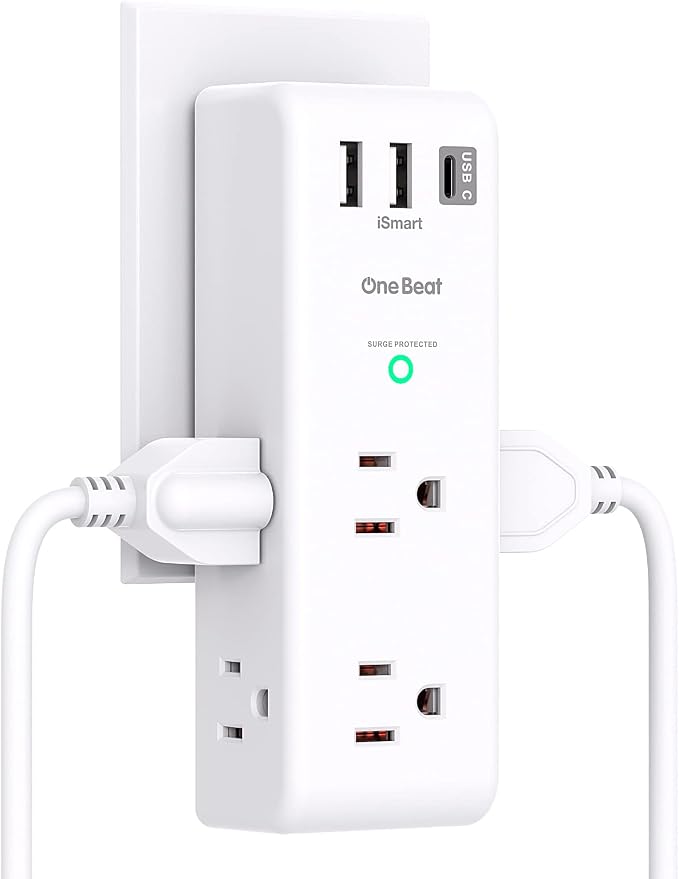Surge Protector Outlet Extender with Rotating Plug, 6 AC Multi Plug Outlet with 3 USB Ports (1 USB C Port), 1800J Wall Charger, 3-Sided Power Adapter Outlet Splitter for Home Office, White
