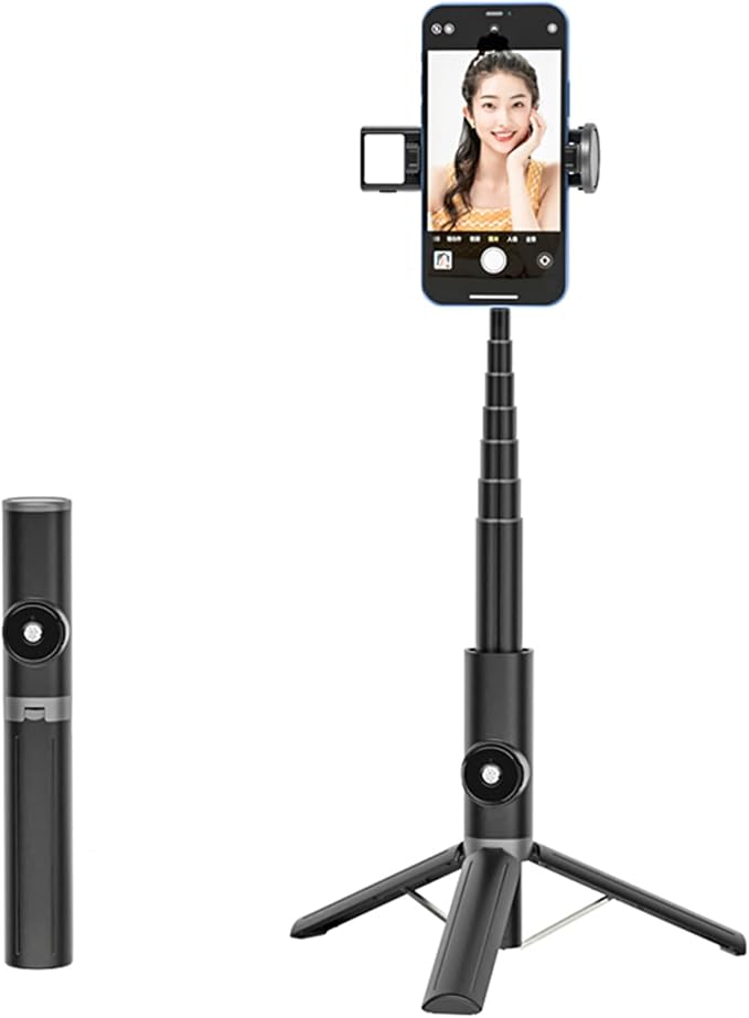 Selfie Stick Tripod Portable Extendable Cell Phone Stand with Detachable Mini Ring Light Phone Tripod Stand with Bluetooth Remote for iPhone Android for Vlogging/Travel/Live Streaming (Black)