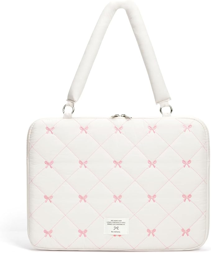 Cute Bow Laptop Case Coquette 13-15 Inch Puffy Laptop Sleeve Accessories Aesthetic Quilted Computer Bag for MacBook (White, 15-15.6inch)