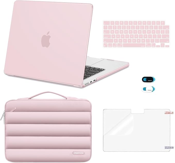 MOSISO Compatible with MacBook Air 15 inch Case M5 2026 M4 2025 M3 2024 M2 2023 A3448 A3241 A3114 A2941, Plastic Hard Shell Case&Puffy Sleeve Bag&Keyboard Skin&Webcam Cover&Screen Film, Baby Pink