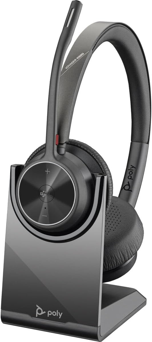 Poly - Voyager 4320 UC Wireless Headset + Charge Stand (Plantronics) - Headphones with Boom Mic - Connect to PC/Mac via USB-A Bluetooth Adapter, Cell Phone via Bluetooth - Works with Teams, Zoom &More