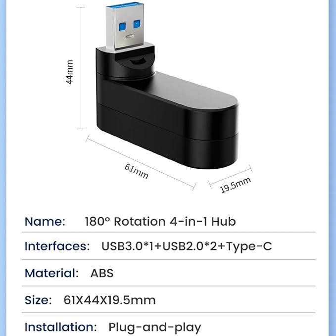 VIENON 4-Port USB 3.0 Hub [90°/180° Degree Rotatable], USB Splitter with PD-in 5W USB C Port, USB Extender for Laptop, Car, iMac, MacBook Air, MacBook Pro, and More
