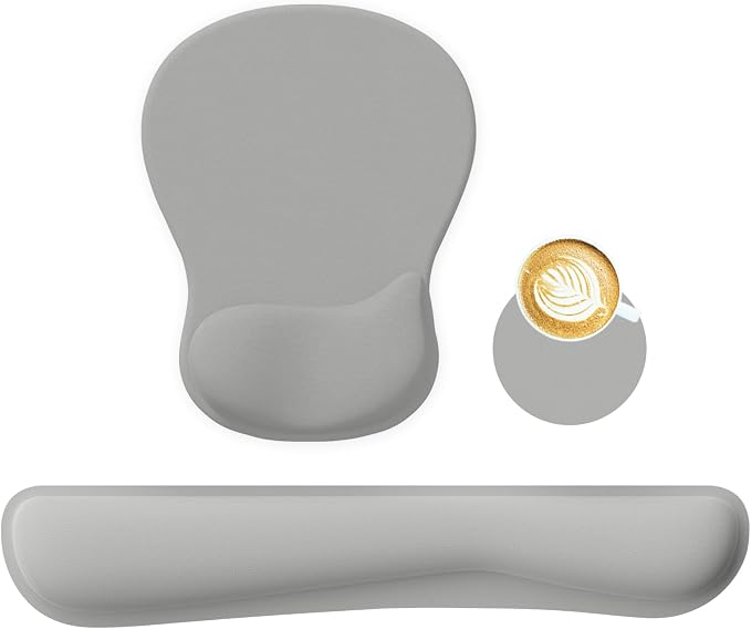 RICHEN Wrist Rest Support for Mouse Pad&Keyboard Set with Coaster,Concave Curved Memory Foam, Non-Slip Base Pain Relief Comfortable Easy Typing Pad for Home/Office (Light Gray)