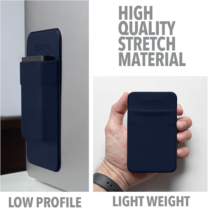 Slipdrive - Portable Hard Drive Sleeve for Laptop - SSD Solid State Drive - Reusable Adhesive - 5” x 3.2” Stick on External Hard Drive Carrying Case - Travel Pocket Pouch (Small, Navy Blue)
