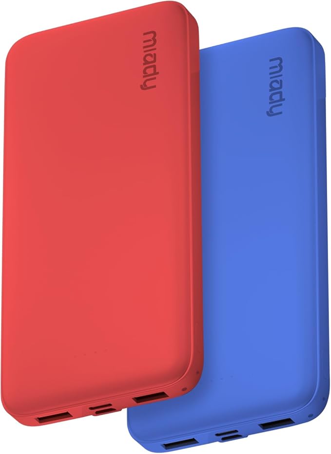Miady 2-Pack Portable Charger, Slim 10000mAh Power Bank Travel Battery Pack 3 Outputs 2 Inputs Compatible with iPhone 17/16/15/14/13 Galaxy S24/22 iPad Android etc (Red+Blue)