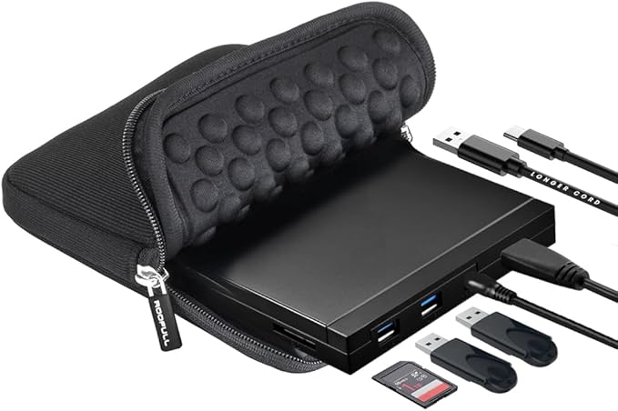 ROOFULL External CD DVD Drive with SD Card Reader & USB 3.0 Ports Hub & Carrying Case, USB-C CD DVD ROM/RW Disk Player Burner Writer for Laptop Mac PC Windows 11/10 MacBook iMac Desktop Computer