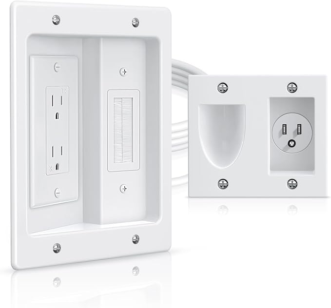 ELECTOP Dual Outlet in Wall Cable Management Kit, TV Cord Hider for Wall Mounted TV, Recessed Low Voltage Media Wall Plate for Power Cables & Low Voltage Wires