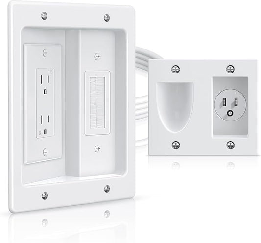 ELECTOP Dual Outlet in Wall Cable Management Kit, TV Cord Hider for Wall Mounted TV, Recessed Low Voltage Media Wall Plate for Power Cables & Low Voltage Wires