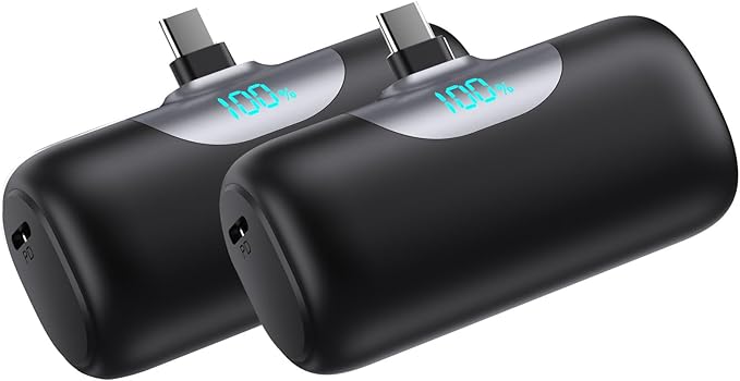 [2 Pack]Mini Portable Charger for iPhone 17/16,5500mAh LCD Display USB C Power Bank,Fast Phone Charging Travel Pocket Size Battery Pack for iPhone 17/17 Pro Max/Air/16/15 Series,Android(Black+Black)