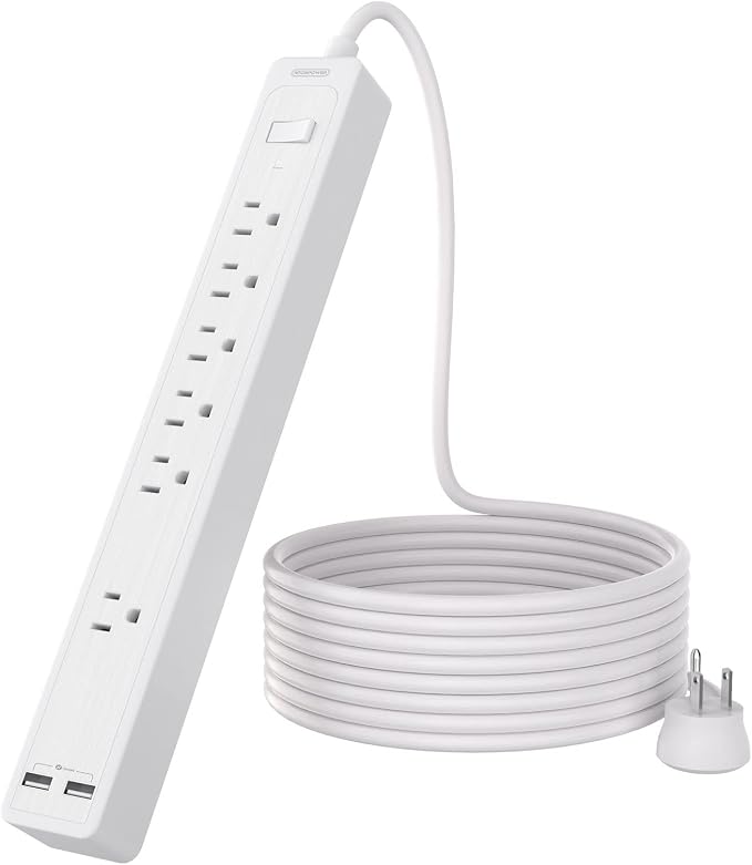 Extension Cord 15 ft, 6 Outlets Outlet, Heavy Duty Long Power Strip Flat Plug, 1875W Flat Plug, Widely Spaced Outlet, Wall Mount for TV Dorm Office Home Theater, White