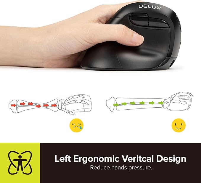 DELUX Left Handed Ergonomic Mouse, Mini Wireless Vertical Mouse, Silent Click Ergonomic Mouse, Up to 4000 DPI, 6 Buttons, Rechargeable, Bluetooth/2.4G/ Wired, Tri-Mode for Laptop/PC (M618ZD-Black)
