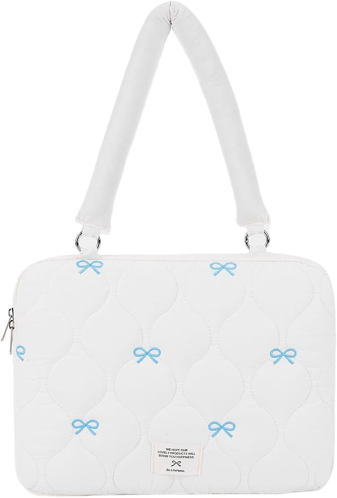 Cute Bow Laptop Case Coquette 13-15 Inch Puffy Laptop Sleeve Accessories Aesthetic Quilted Computer Bag for MacBook (White 1, 15-15.6)