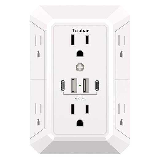 Multi Plug Wall Outlet Surge Protector - Teiobar Outlet Extender with 6 Outlets and 4 USB Ports(2 USB-C), Outlet Splitter for Home Office Dorm Room Essentials, ETL, White