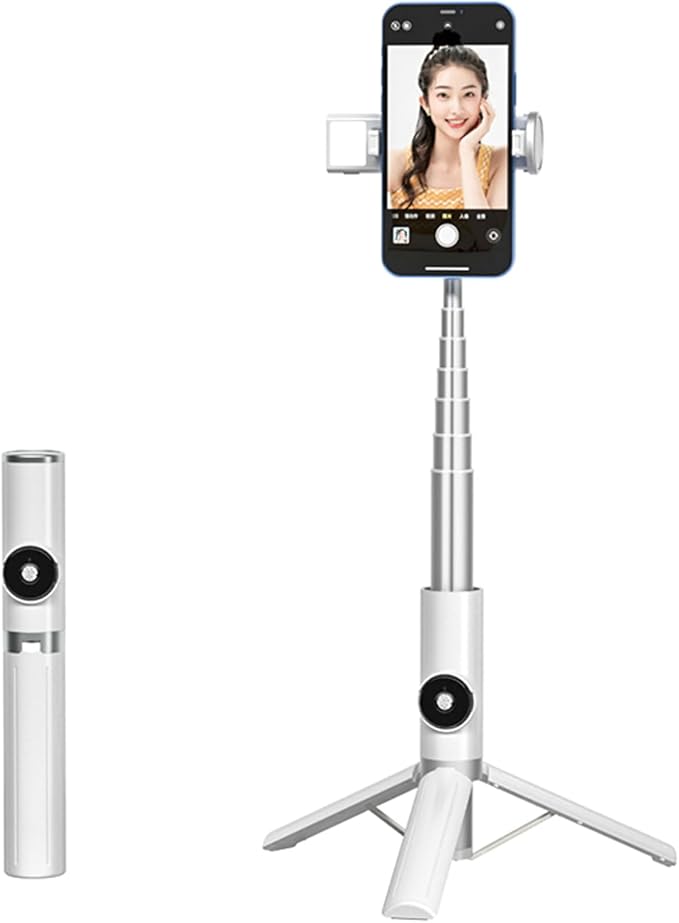 Selfie Stick Tripod Portable Extendable Cell Phone Stand with Detachable Mini Ring Light Phone Tripod Stand with Bluetooth Remote for iPhone Android for Vlogging/Travel/Live Streaming (White)