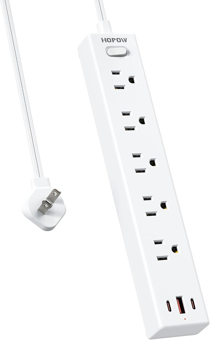 HOPOW 2 Prong Power Strip, 2 to 3 Prong Outlet Adapter with 1700J Surge Protection, 6ft Two Prong Extension Cord, 5 AC Outlets & 3 USB(5V 3.4A Max), Wall Mount for Non-Grounded Outlet, White