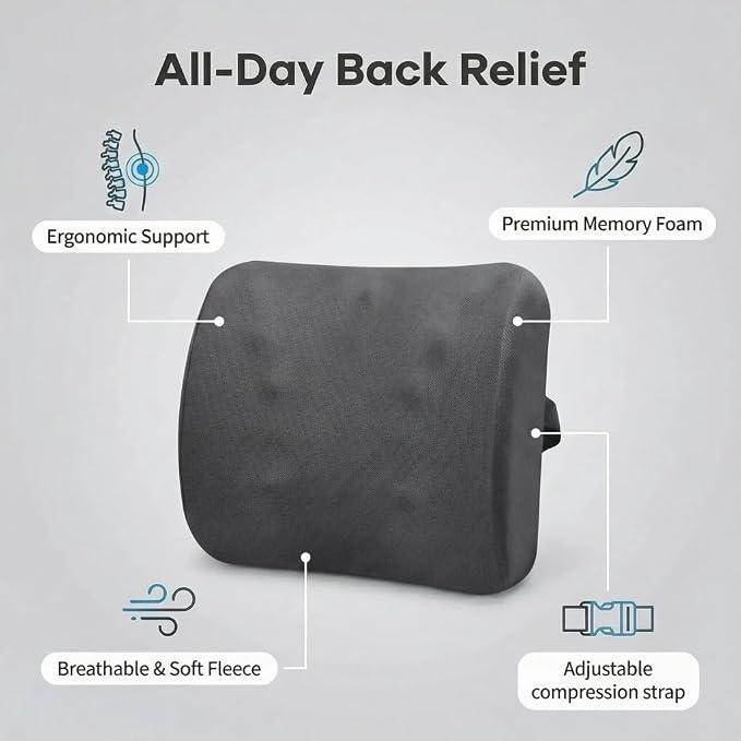 Poshetion Lumbar Support Pillow for Office Chair & Car – Memory Foam Back Cushion with Adjustable Straps & Breathable Mesh Cover（Deep Grey）